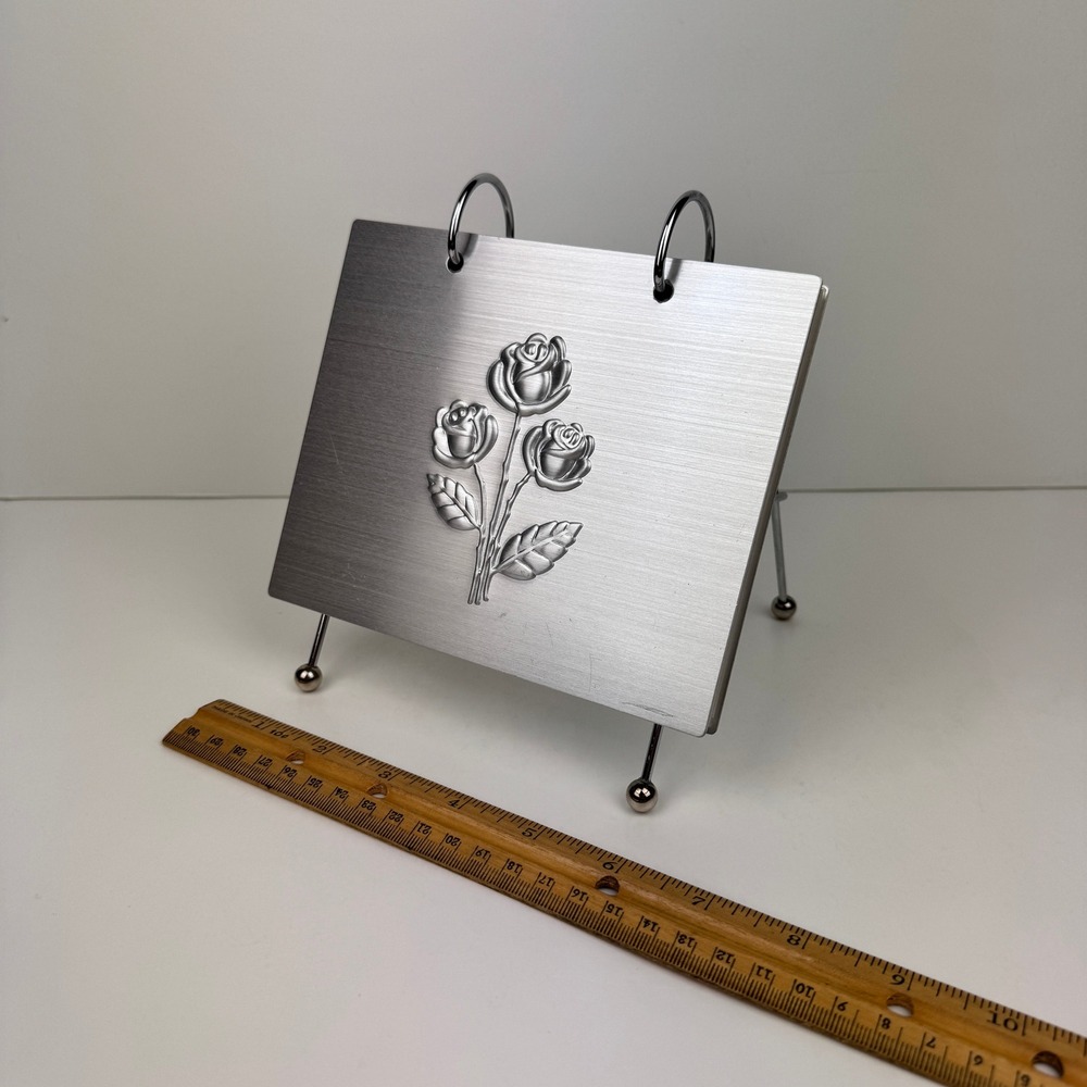 Vtg Rose Floral Metal Tabletop Silver Photo Album Flip Through Horizontal READ